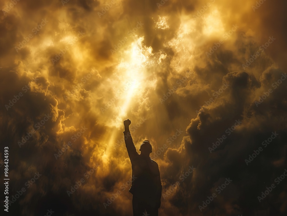 A powerful image depicts a lone figure standing against a backdrop of oppressive darkness, raising a clenched fist in defiance. The figure's silhouette is illuminated by a shaft of golden light A powerful image depicts a lone figure standing against a backdrop of oppressive darkness, raising a clenched fist in defiance. The figure's silhouette is illuminated by a shaft of golden light