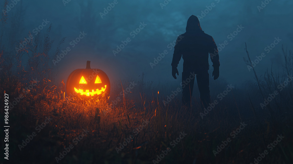 Spooky figure standing in front of a glowing jack-o-lantern in the fog Spooky figure standing in front of a glowing jack-o-lantern in the fog