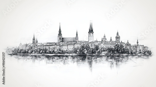 Sosnowiec, Poland, black and white pen pencil hand-drawn effect drawing illustration for travel poster, card, wallpaper, backdrop or banner. Modern, clear, artistic and simple