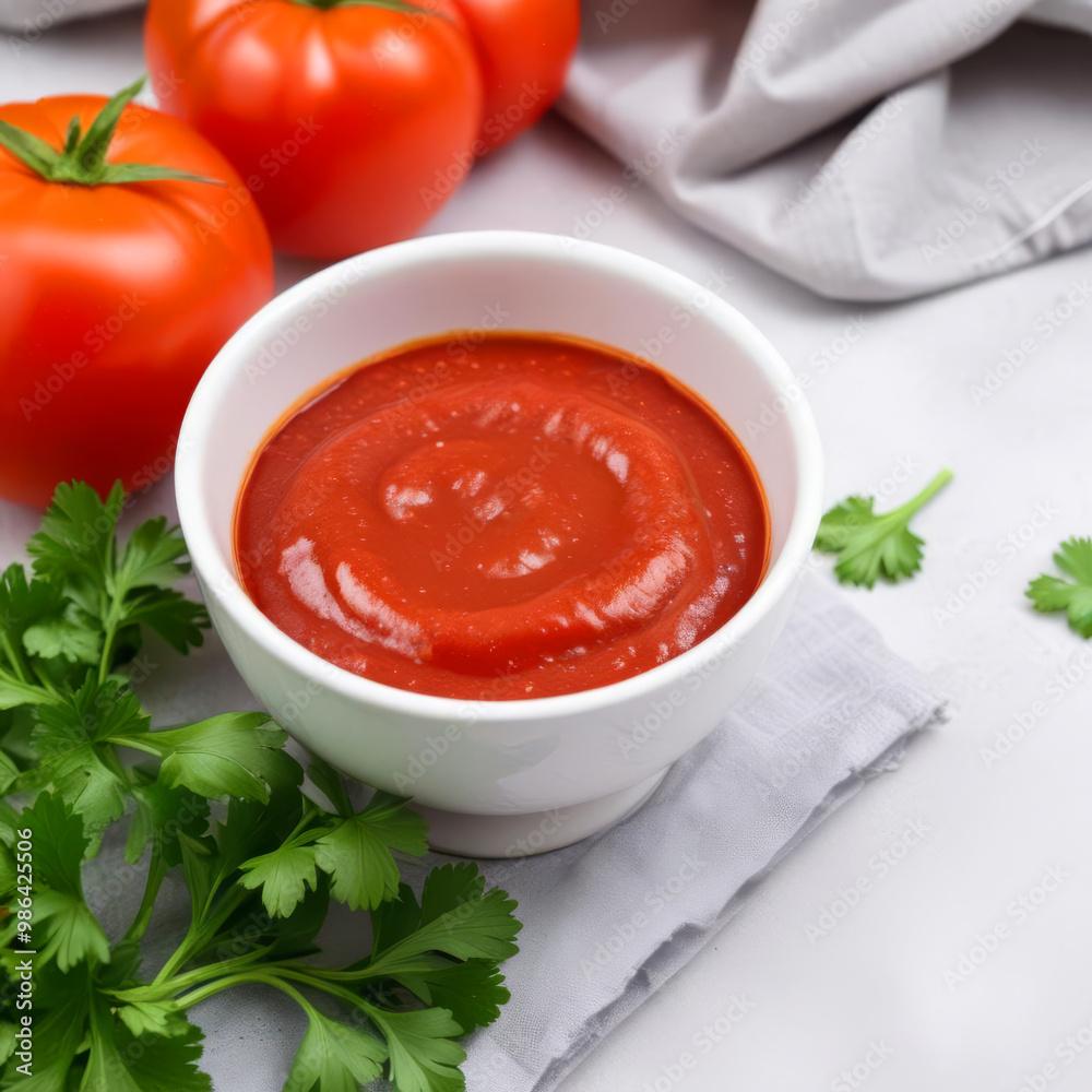 Deep plate with tomato paste or ketchup on wooden table with ripe tomatoes nearby Deep plate with tomato paste or ketchup on wooden table with ripe tomatoes nearby