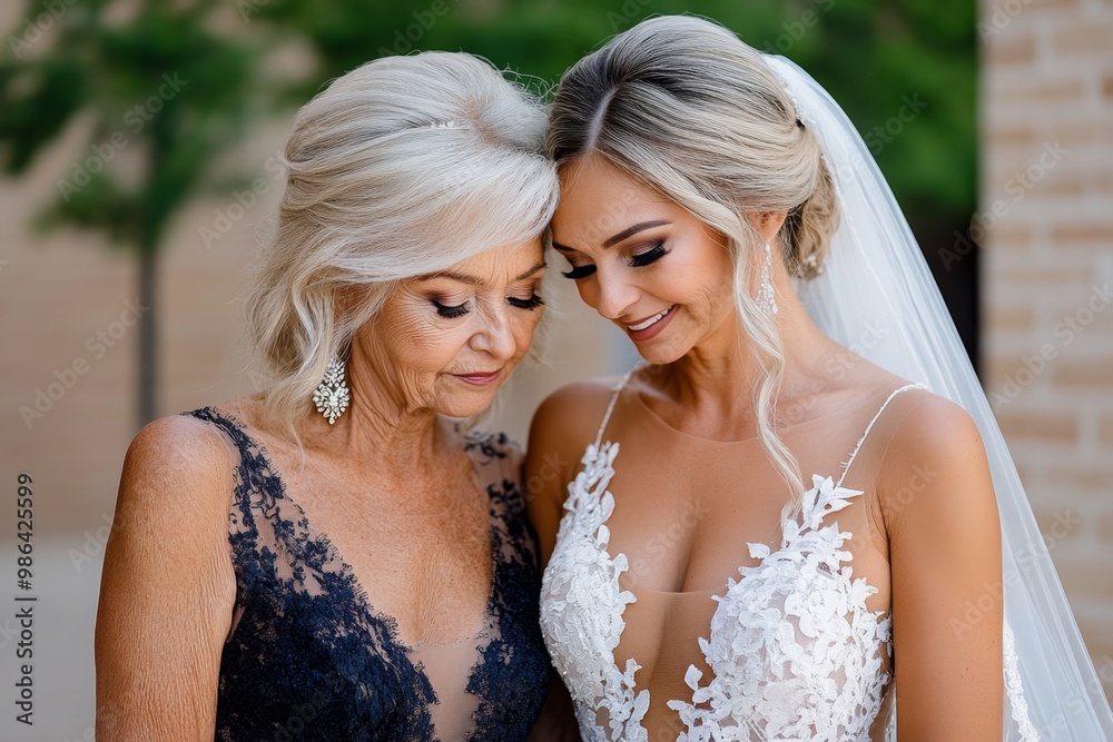 Naklejka premium A bride standing with her mother, sharing a loving embrace before walking down the aisle
