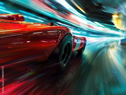 A race car speeding down a straightaway, exhaust fumes trailing behind, turbocharger visible through the rear window, vibrant colors and blurred motion conveying speed and power,