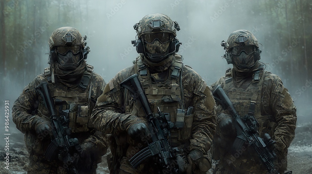 Camouflaged Soldiers in Foggy Forest Camouflaged Soldiers in Foggy Forest