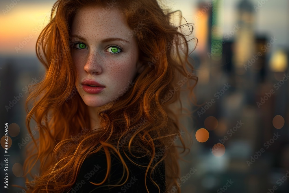 A redhead with cascading curls, her green eyes reflecting the warmth of the setting sun, stands confidently against the iconic New York City skyline. Her elegant pose and the city lights A redhead with cascading curls, her green eyes reflecting the warmth of the setting sun, stands confidently against the iconic New York City skyline. Her elegant pose and the city lights