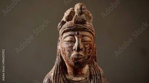 A reconstructed ceramic figurine of a mother goddess, believed to have been worshipped by the inhabitants of the Indus Valley civilization. The figurine's serene expression and voluptuous form evoke 