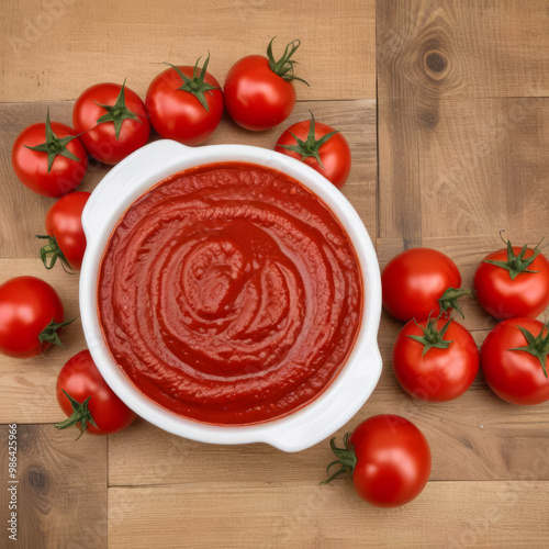 Deep plate with tomato paste or ketchup on wooden table with ripe tomatoes nearby