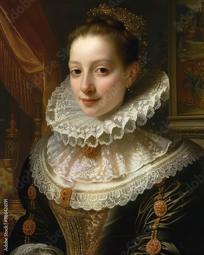 A regal portrait featuring a noblewoman adorned in a sumptuous Elizabethan gown, her neck encircled by an extravagant ruff. The ruff, crafted from delicate lace and adorned with intricate embroidery photo