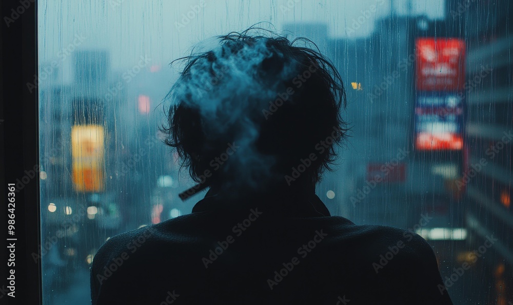 Silhouetted figure looking out a rainy window. Silhouetted figure looking out a rainy window.