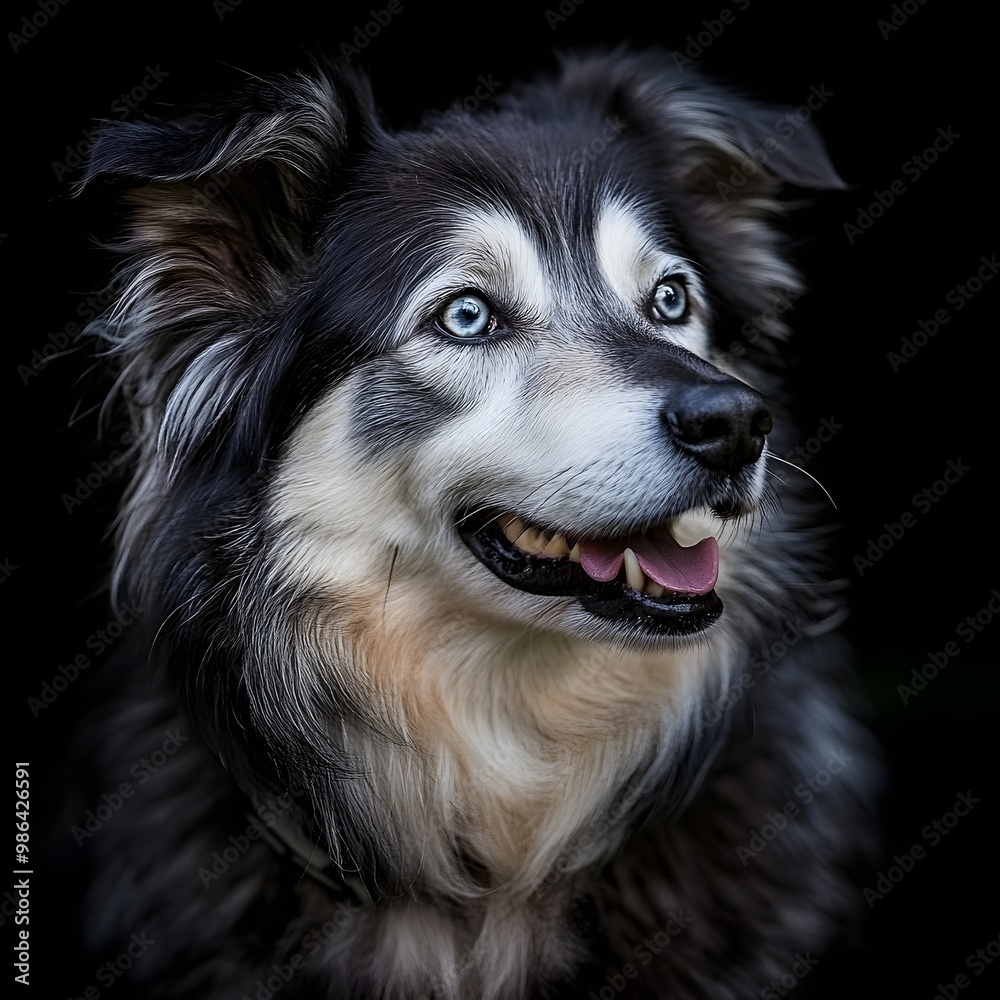 A Goberian dog with bright eyes and a wagging tail, captured in a moment of excitement on a A Goberian dog with bright eyes and a wagging tail, captured in a moment of excitement on a