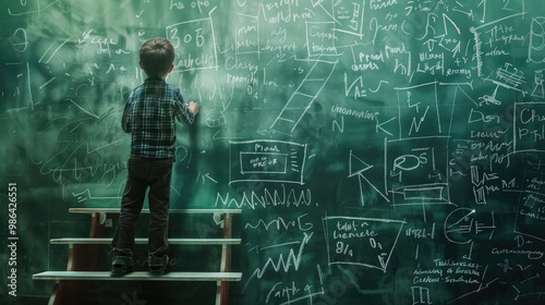 Believe in yourself. A child student draws a picture on the greenboard using white chalk. A drawing of a stickman climbing the stairs to success.