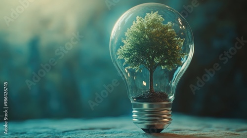 A light bulb containing a green tree, depicting the concept of renewable energy.