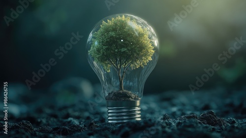 A light bulb containing a green tree, depicting the concept of renewable energy.