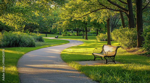 Serene park with empty bench along curved pathway, bathed in golden afternoon light.

 photo