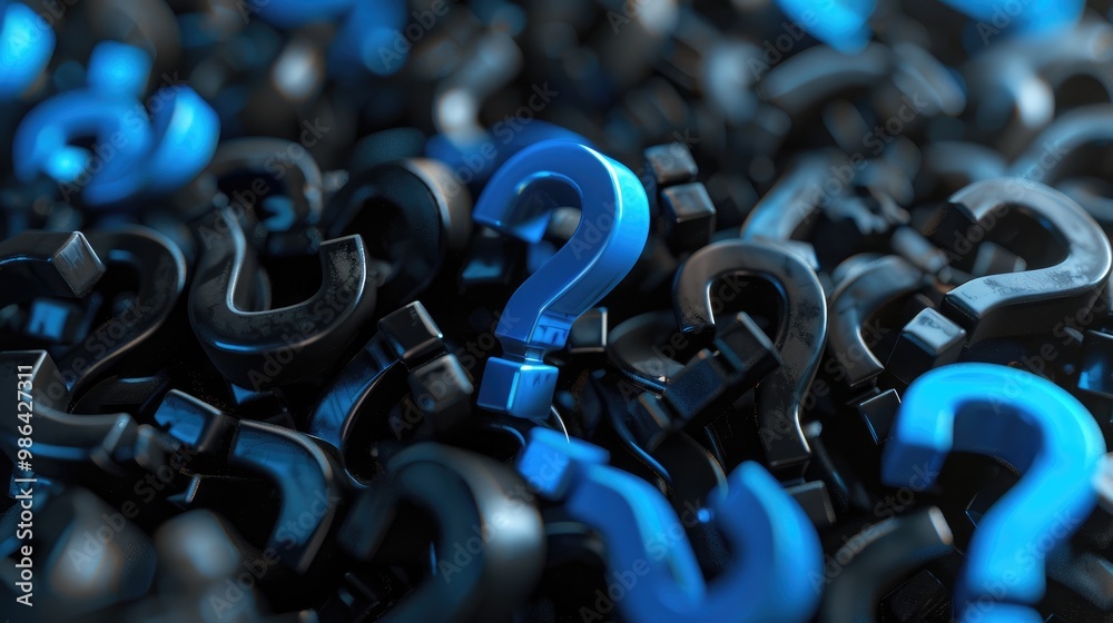 Obraz premium Black and blue question marks background. 3D Rendering.