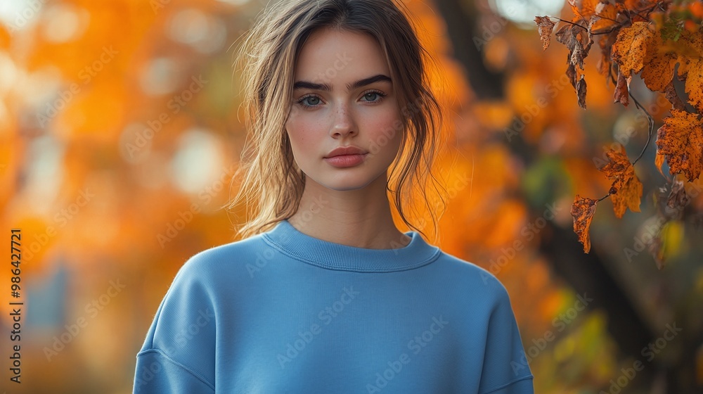 young woman wearing a cozy blue crewneck sweatshirt, surrounded by fall colors and an autumn-themed background, representing the essence of casual and trendy female fashion for the season young woman wearing a cozy blue crewneck sweatshirt, surrounded by fall colors and an autumn-themed background, representing the essence of casual and trendy female fashion for the season