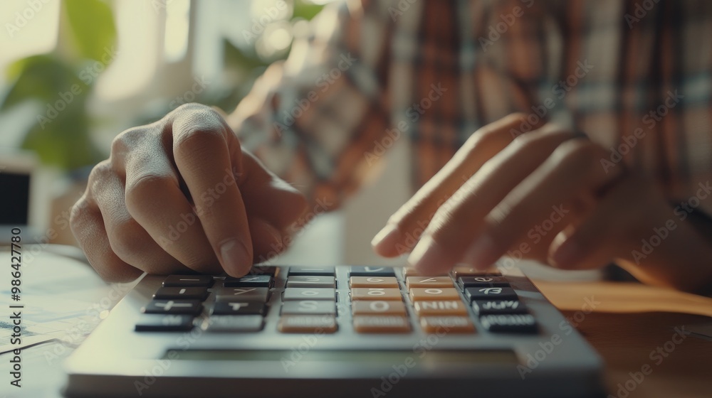 Close up young man hand press on calculator to check and summary expense of home loan mortgage for refinance plan , people lifestyle concept. Close up young man hand press on calculator to check and summary expense of home loan mortgage for refinance plan , people lifestyle concept.