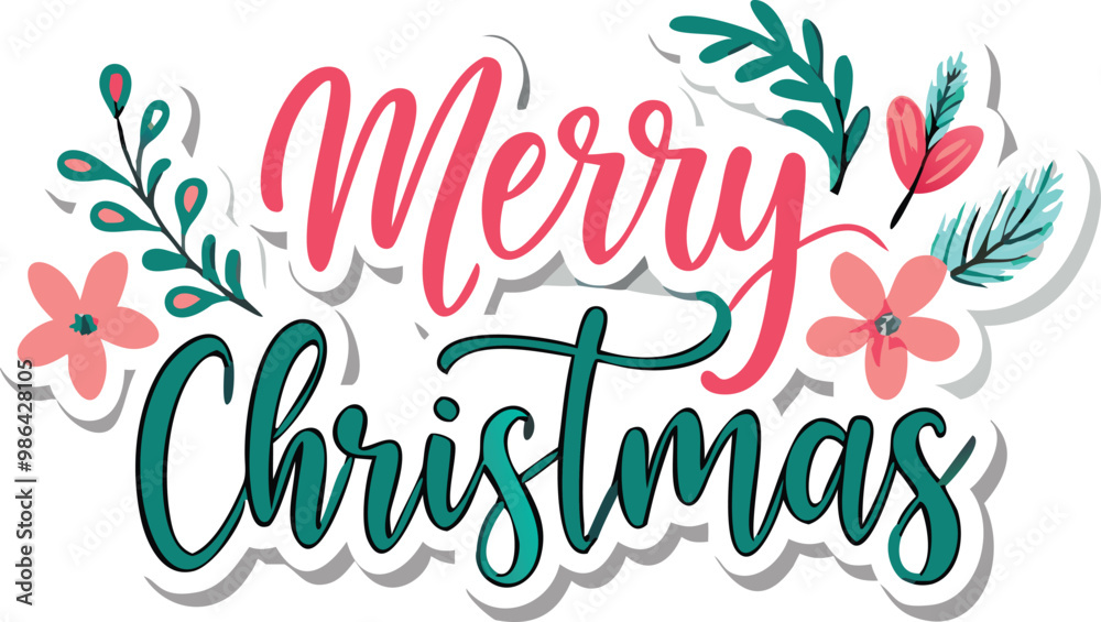 Obraz premium Hand Drawn Vintage Christmas postcard with lettering Merry Christmas