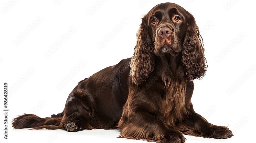 A Sussex Spaniel sitting gracefully on awith its long ears framing its face A Sussex Spaniel sitting gracefully on awith its long ears framing its face