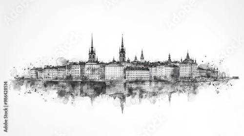Stockholm, Sweden, black and white pen pencil hand-drawn effect drawing illustration for travel poster, card, wallpaper, backdrop or banner. Modern, clear, artistic and simple