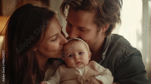 Family concept: A loving young couple sharing a kiss with their adorable baby girl.