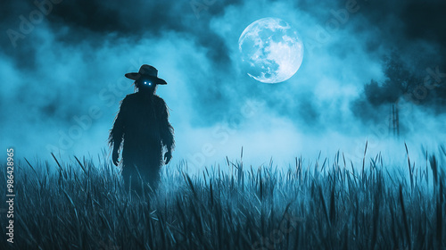 Creepy scarecrow standing alone in a foggy field under the moon