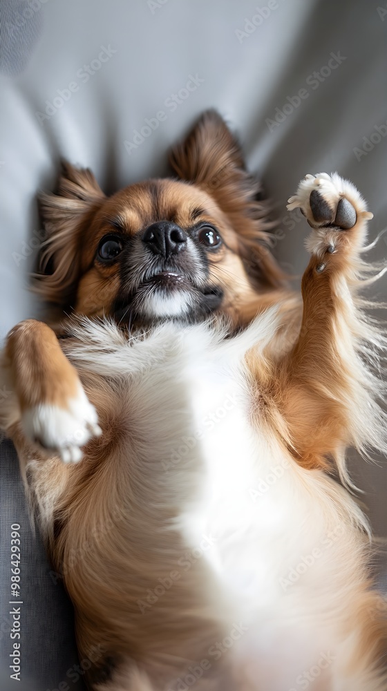 A playful Tibetan Spaniel dog lying on a , with its paws in the air and a joyful expression A playful Tibetan Spaniel dog lying on a , with its paws in the air and a joyful expression
