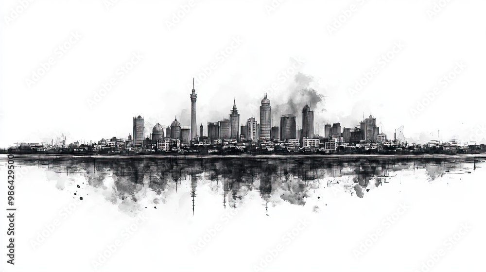 Naklejka premium Sukkur, Pakistan, black and white pen pencil hand-drawn effect drawing illustration for travel poster, card, wallpaper, backdrop or banner. Modern, clear, artistic and simple