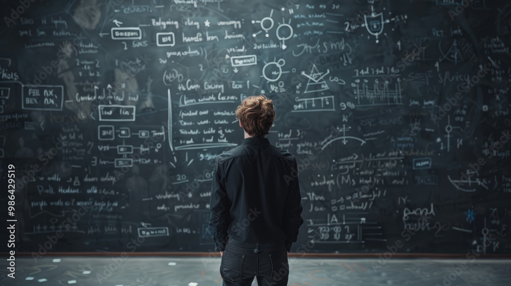 man thinking how to solve a problem while looking at a big blackboard with writings and drawings of strategies. man thinking how to solve a problem while looking at a big blackboard with writings and drawings of strategies.