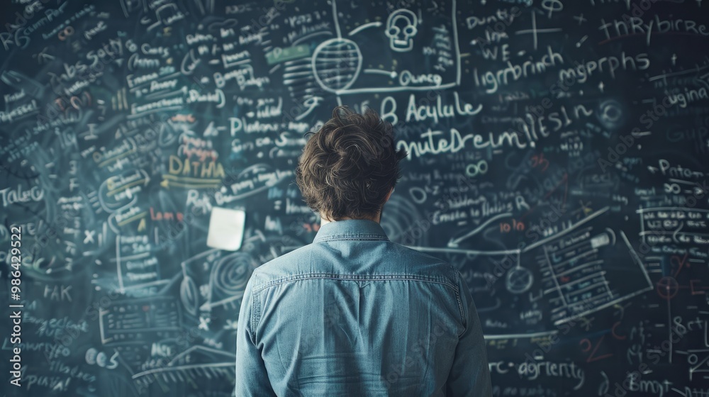 man thinking how to solve a problem while looking at a big blackboard with writings and drawings of strategies. man thinking how to solve a problem while looking at a big blackboard with writings and drawings of strategies.