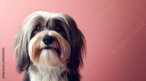 A close-up of a Tibetan Terrier's face, highlighting its long hair and playful expression against a soft pastel backdrop