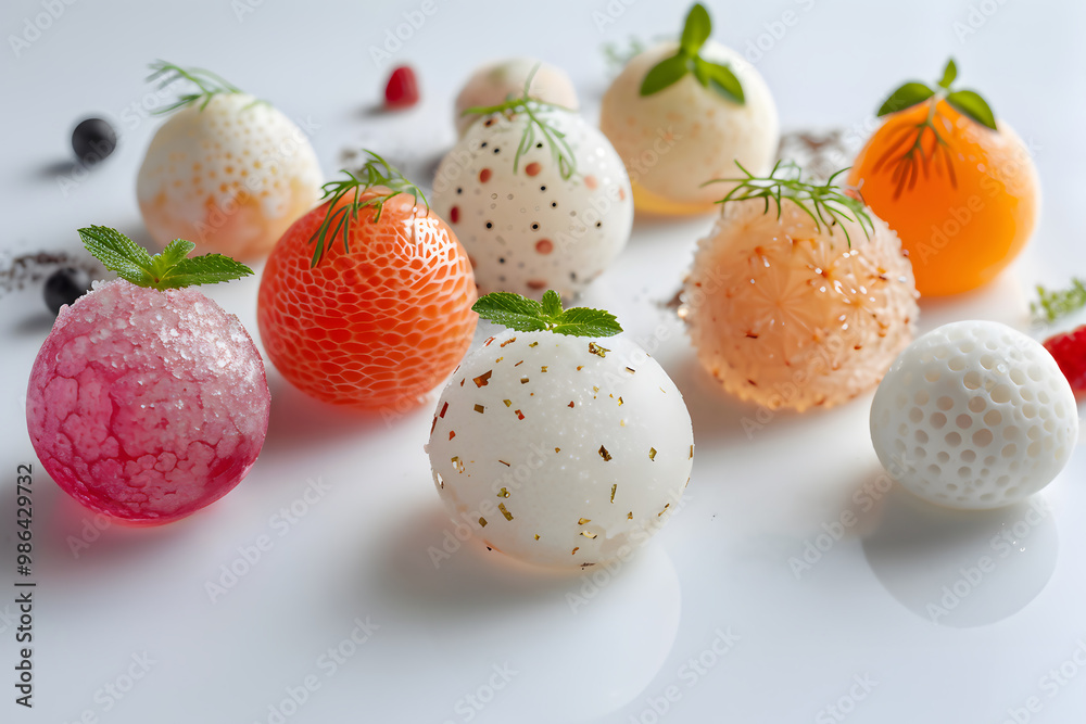 Captivating selection of molecular cuisine spheres displayed on a white plate. Generative by AI Captivating selection of molecular cuisine spheres displayed on a white plate. Generative by AI