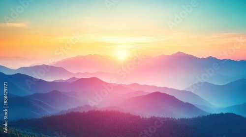 Panoramic view of colorful sunrise in mountains. Filtered image:cross processed vintage effect.