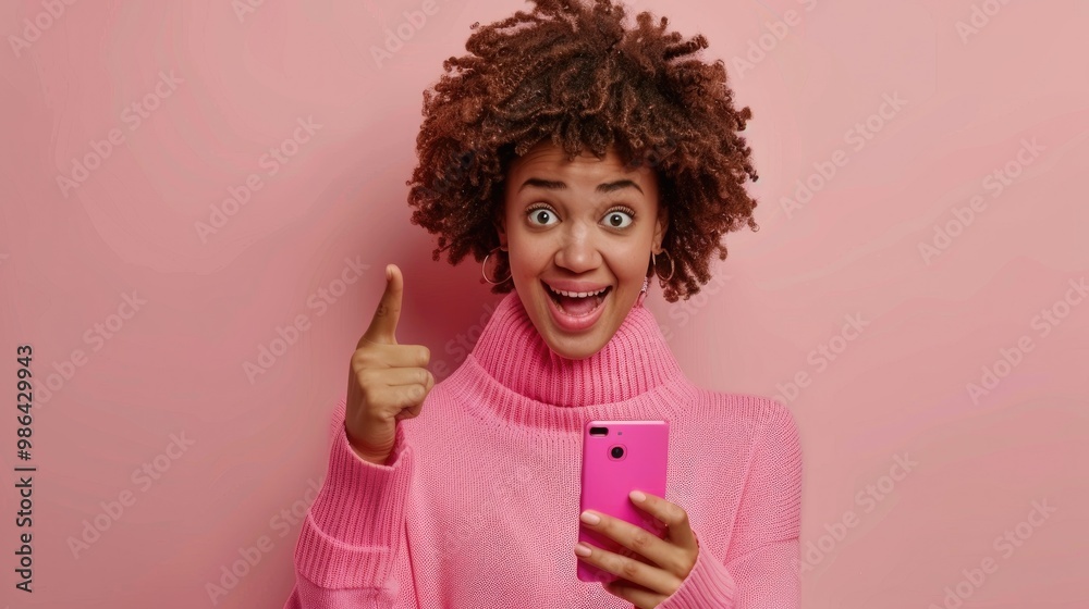 Positive curly haired woman points at display of smartphone, happy to get funny message, surfes internet, wears pink jumper, amazed how new application works, recommends friend to try yourself. Positive curly haired woman points at display of smartphone, happy to get funny message, surfes internet, wears pink jumper, amazed how new application works, recommends friend to try yourself.