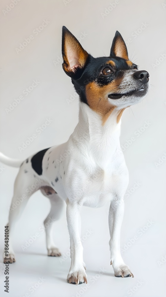 A Toy Fox Terrier in a standing position, with its ears perked up and tail wagging, set against a minimalistic light color background A Toy Fox Terrier in a standing position, with its ears perked up and tail wagging, set against a minimalistic light color background