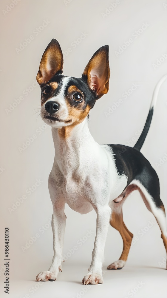 A Toy Fox Terrier in a standing position, with its ears perked up and tail wagging, set against a minimalistic light color background A Toy Fox Terrier in a standing position, with its ears perked up and tail wagging, set against a minimalistic light color background
