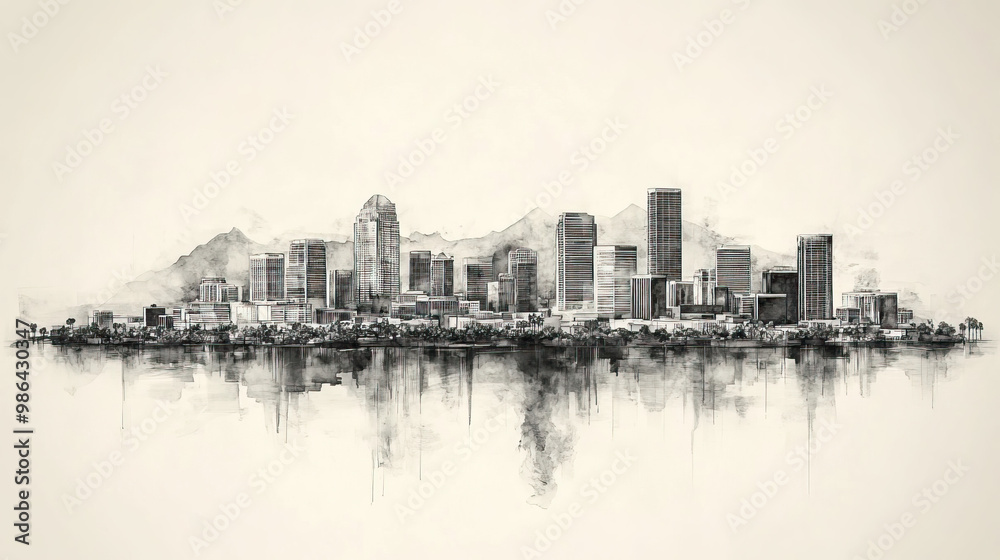 Obraz premium Surprise, Arizona, black and white pen pencil hand-drawn effect drawing illustration for travel poster, card, wallpaper, backdrop or banner. Modern, clear, artistic and simple