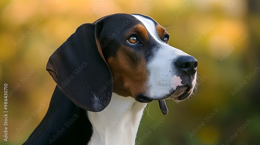 A close-up of a Treeing Walker Coonhound dog, focusing on its floppy ears and gentle expression against a soft, light backdrop A close-up of a Treeing Walker Coonhound dog, focusing on its floppy ears and gentle expression against a soft, light backdrop