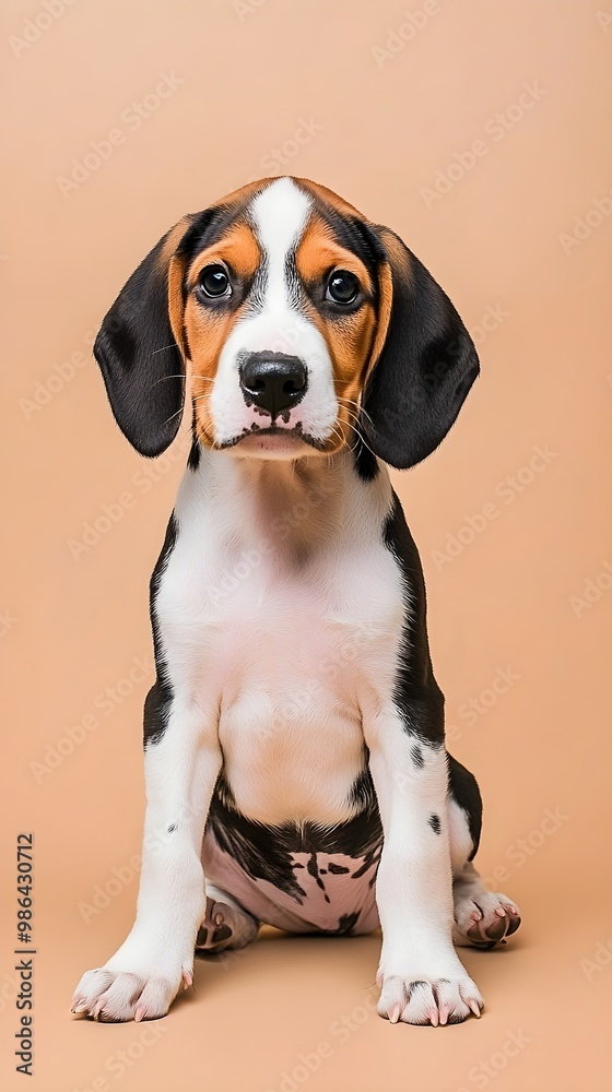 A playful Treeing Walker Coonhound puppy sitting on a solid color background, with an emphasis on its vibrant markings and youthful energy A playful Treeing Walker Coonhound puppy sitting on a solid color background, with an emphasis on its vibrant markings and youthful energy