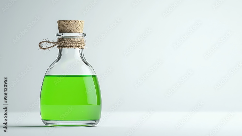 Green Liquid in Glass Bottle with Cork Stopper Green Liquid in Glass Bottle with Cork Stopper