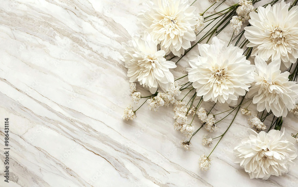 Delicate white peonies arranged gracefully on a luxurious marble surface, highlighting natural elegance in a serene setting Delicate white peonies arranged gracefully on a luxurious marble surface, highlighting natural elegance in a serene setting