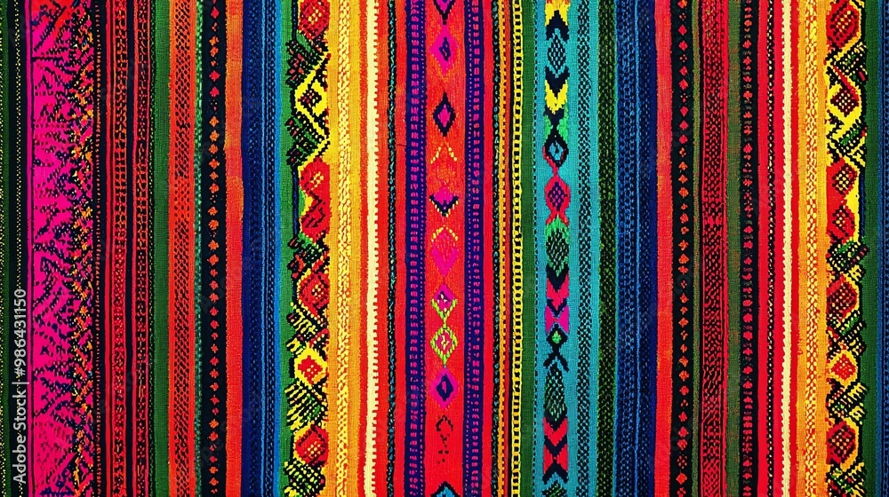 Vibrant textile pattern featuring colorful stripes and intricate designs, perfect for interior decor or fashion projects. Vibrant textile pattern featuring colorful stripes and intricate designs, perfect for interior decor or fashion projects.