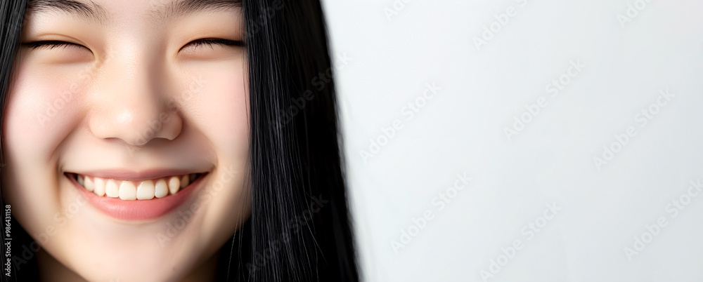 Close-up of a young woman smiling with her eyes closed and long black hair on a light background. Close-up Close-up of a young woman smiling with her eyes closed and long black hair on a light background. Close-up