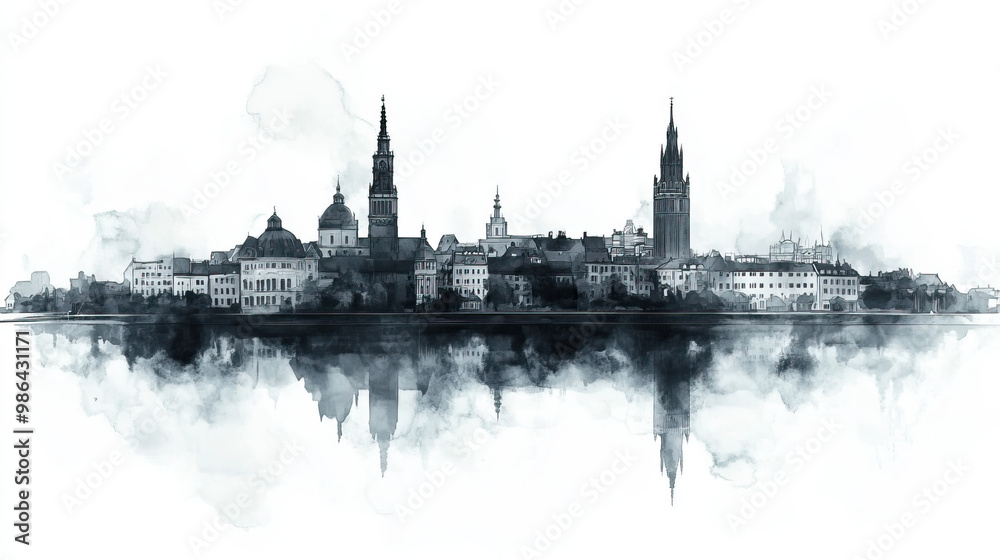 Naklejka premium Szczecin, Poland, black and white pen pencil hand-drawn effect drawing illustration for travel poster, card, wallpaper, backdrop or banner. Modern, clear, artistic and simple