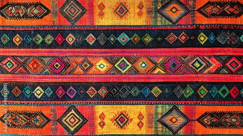 Vibrant textile featuring intricate patterns and colors, showcasing traditional craftsmanship and cultural artistry. photo