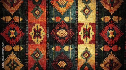 Vibrant textile pattern featuring geometric designs with rich colors, perfect for textile or interior design projects.