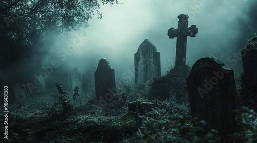 Fog rolling through a shadowy cemetery with overgrown gravestones