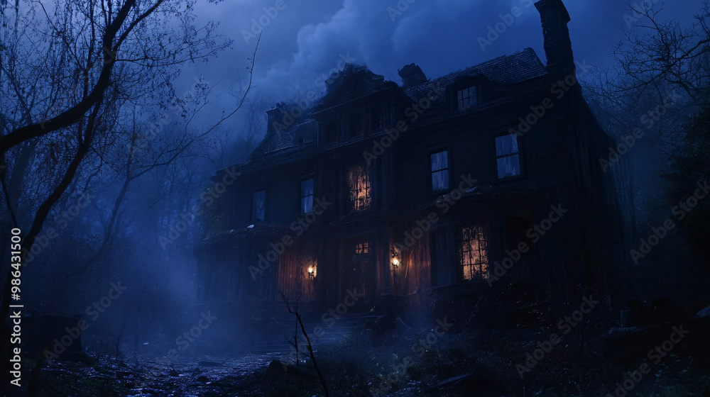 Haunted mansion with flickering lights and broken windows
