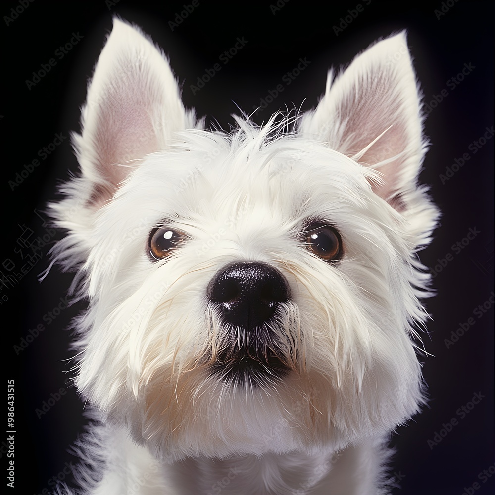 A close-up portrait of a West Highland White Terrier with bright, expressive eyes and a playful demeanor, against a A close-up portrait of a West Highland White Terrier with bright, expressive eyes and a playful demeanor, against a