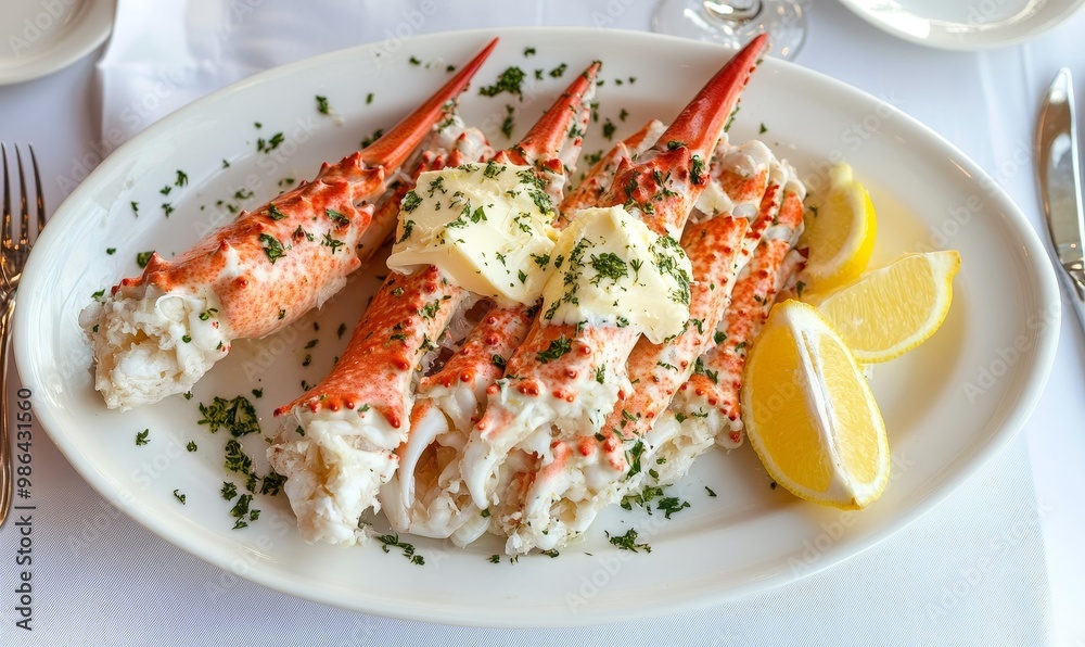 Crab legs with butter, parsley, and lemon wedges. Crab legs with butter, parsley, and lemon wedges.