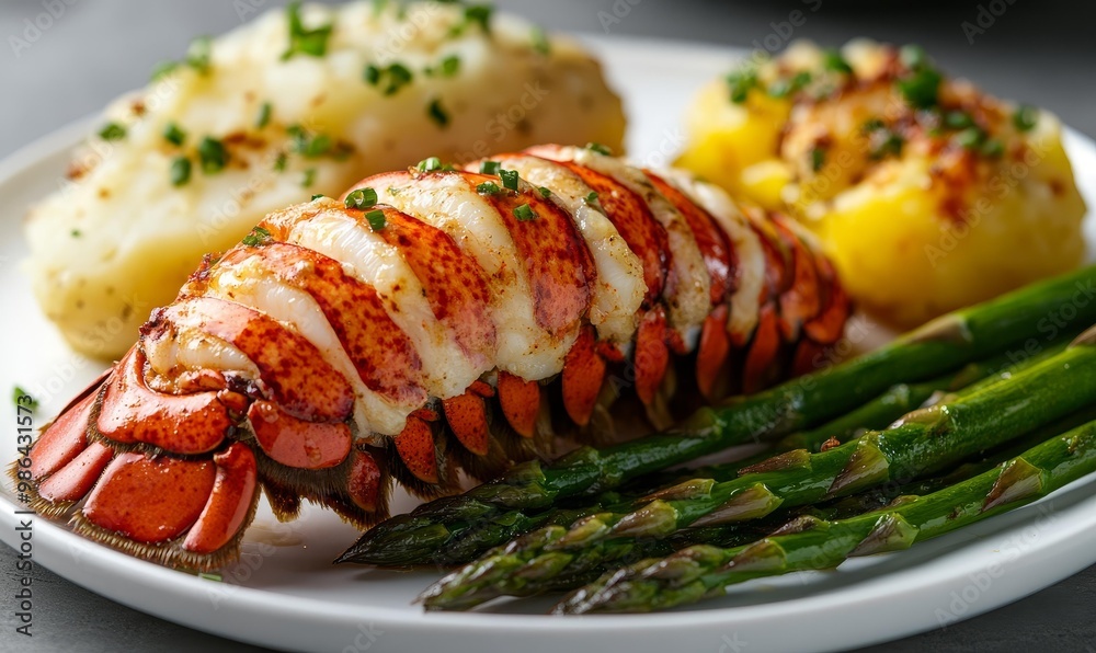 Lobster tail, asparagus, and potatoes on a white plate. Lobster tail, asparagus, and potatoes on a white plate.